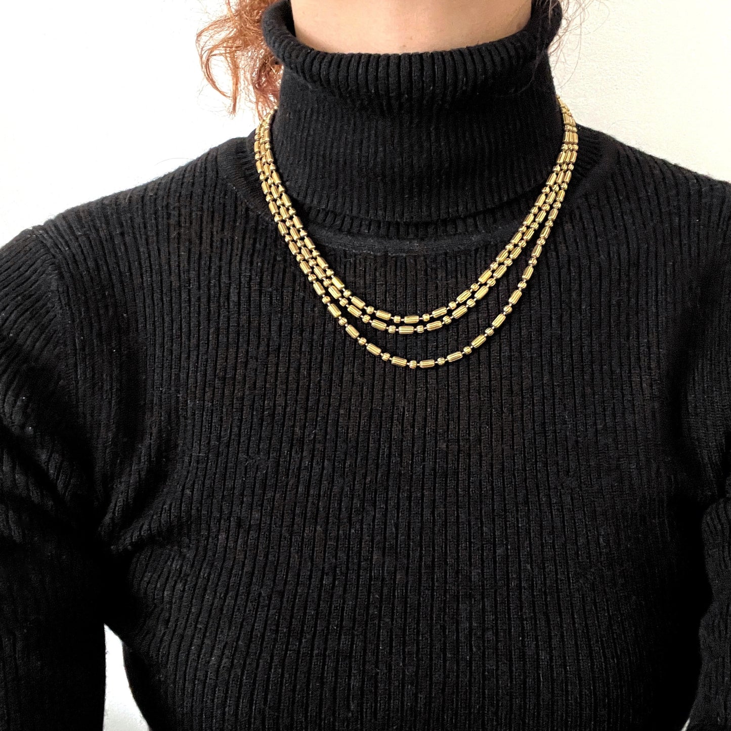 VINTAGE 1930's 3-strand Gold Tone Bead Ball Chain Necklace