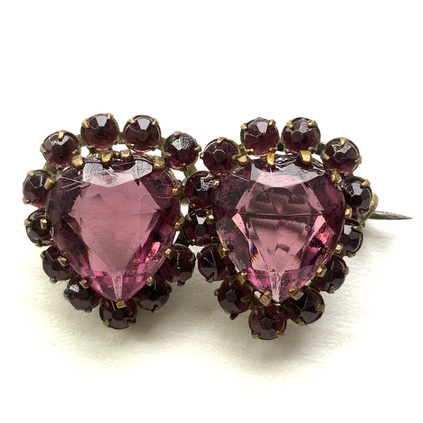 ANTIQUE EDWARDIAN Purple Glass Double Hearts Brooch アンティーク エドワーディアン パープルグラス ハート ブローチ