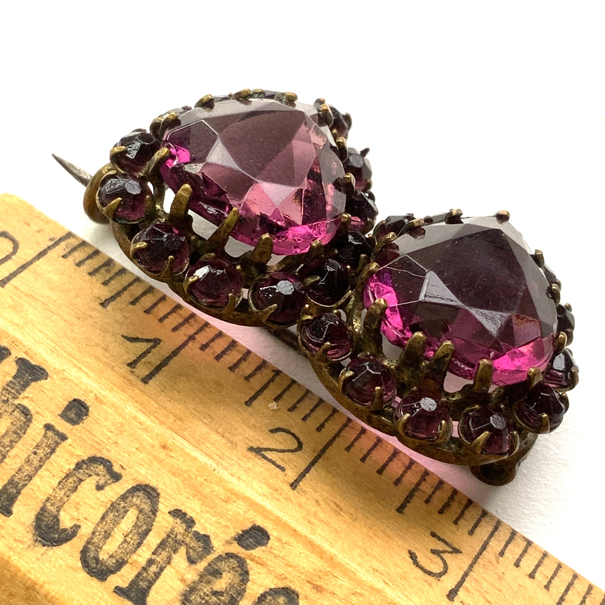 ANTIQUE EDWARDIAN Purple Glass Double Hearts Brooch アンティーク エドワーディアン パープルグラス ハート ブローチ