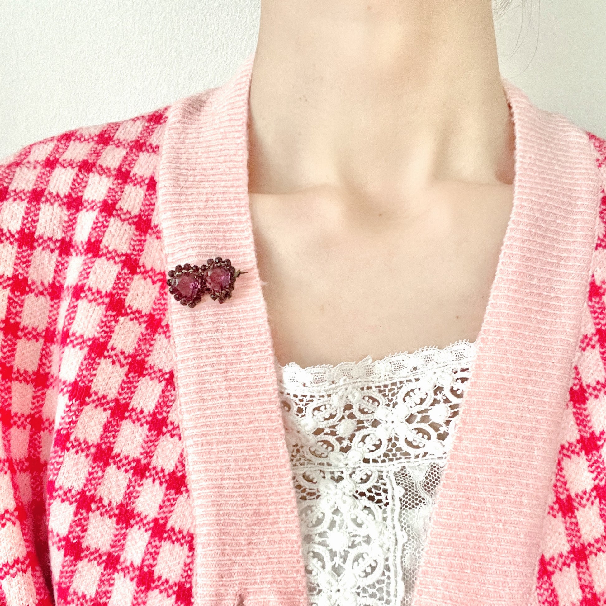 ANTIQUE EDWARDIAN Purple Glass Double Hearts Brooch アンティーク エドワーディアン パープルグラス ハート ブローチ