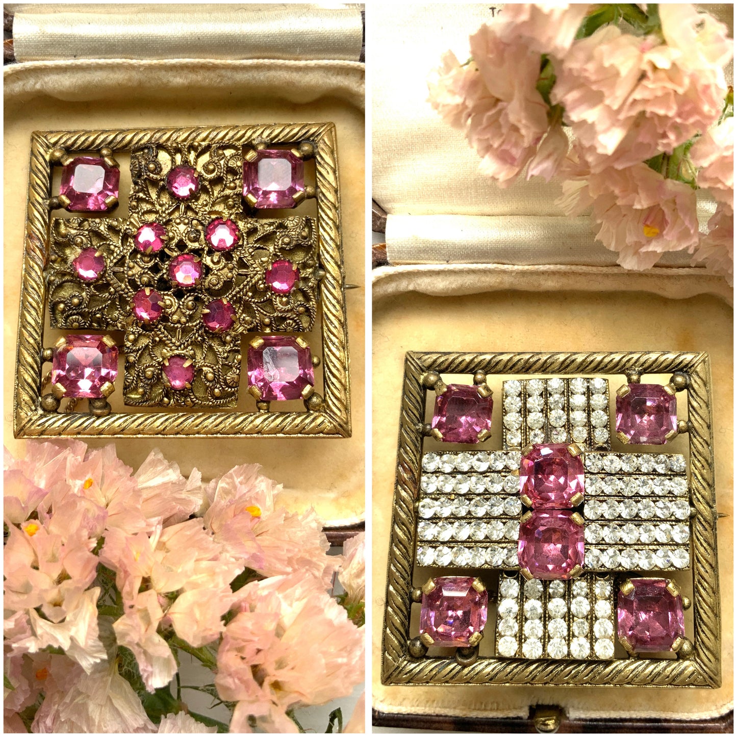 VINTAGE 1930s Square Filigree Reversible Brooch with Pink Rhinestones