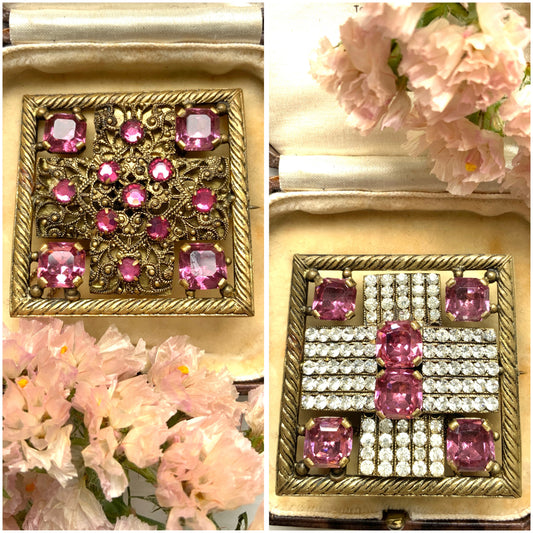 VINTAGE 1930s Square Filigree Reversible Brooch with Pink Rhinestones