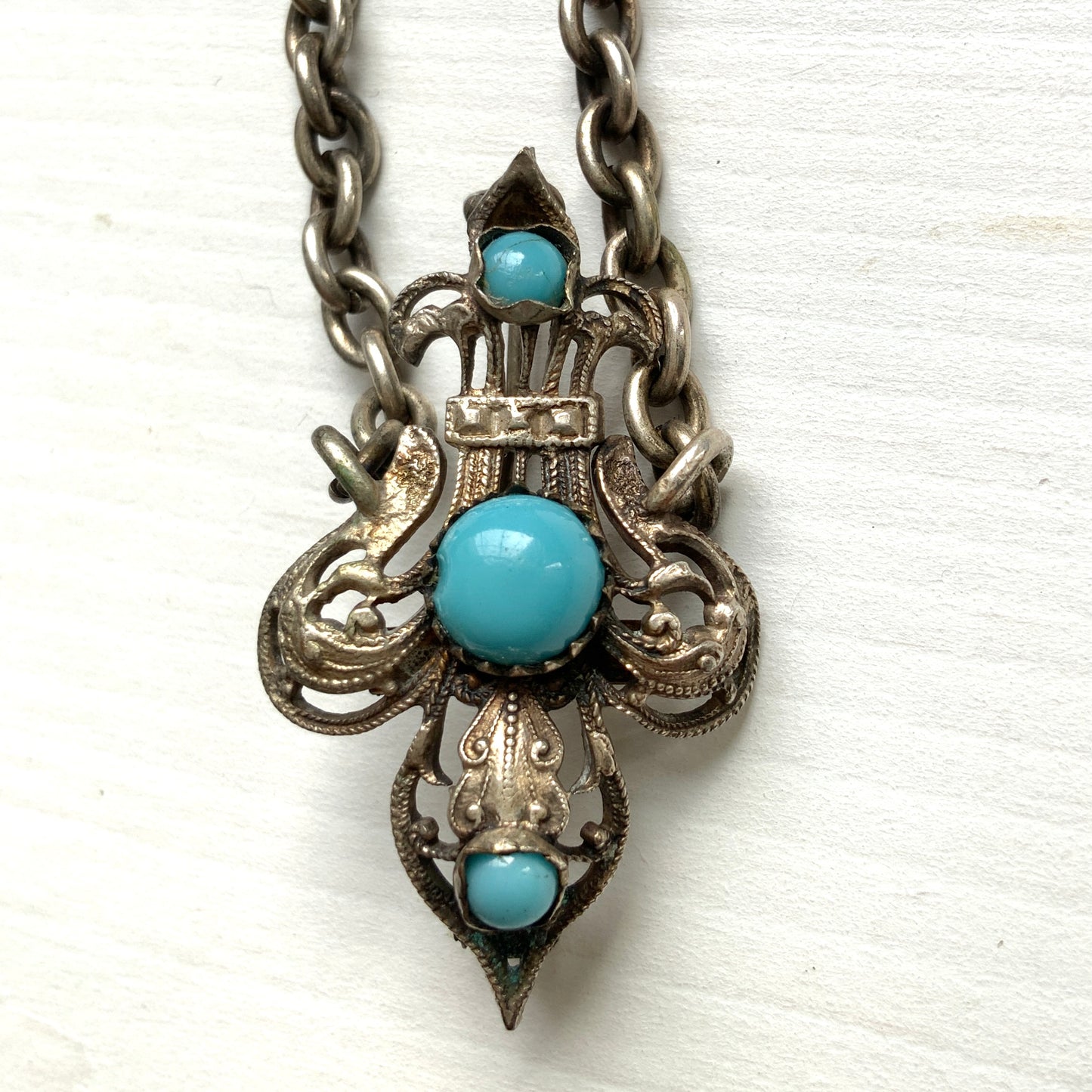 ANTIQUE Silver Tone Filigree Fleur de Lis & Turquoise Glass Brooch