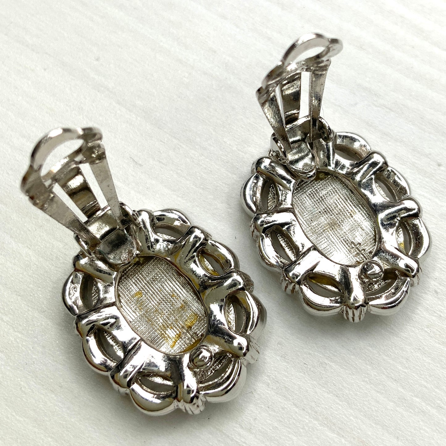 VINTAGE 1950's SPHINX Silver Tone Oval Starburst & Marcasite Clip Earrings