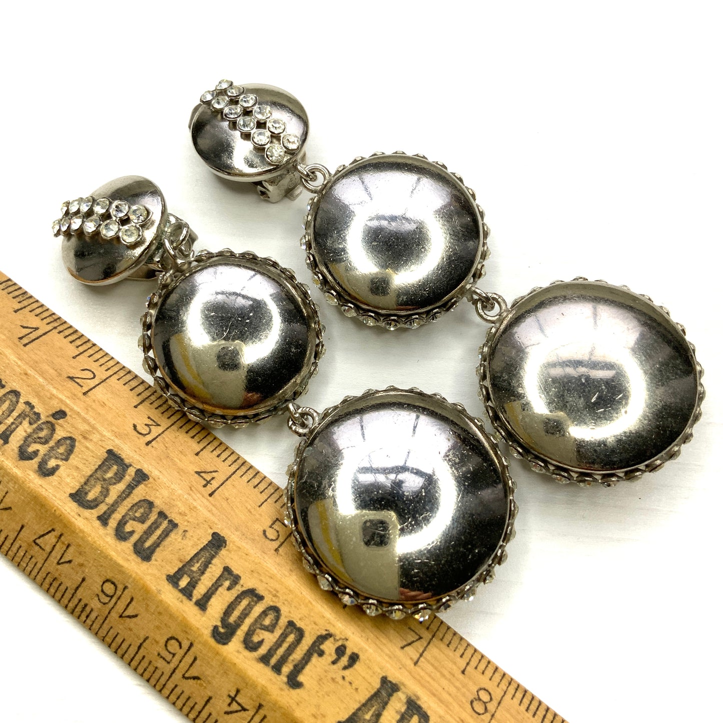VINTAGE 1970's Silver Tone Disc & Rhinestone Drop Clip Earrings