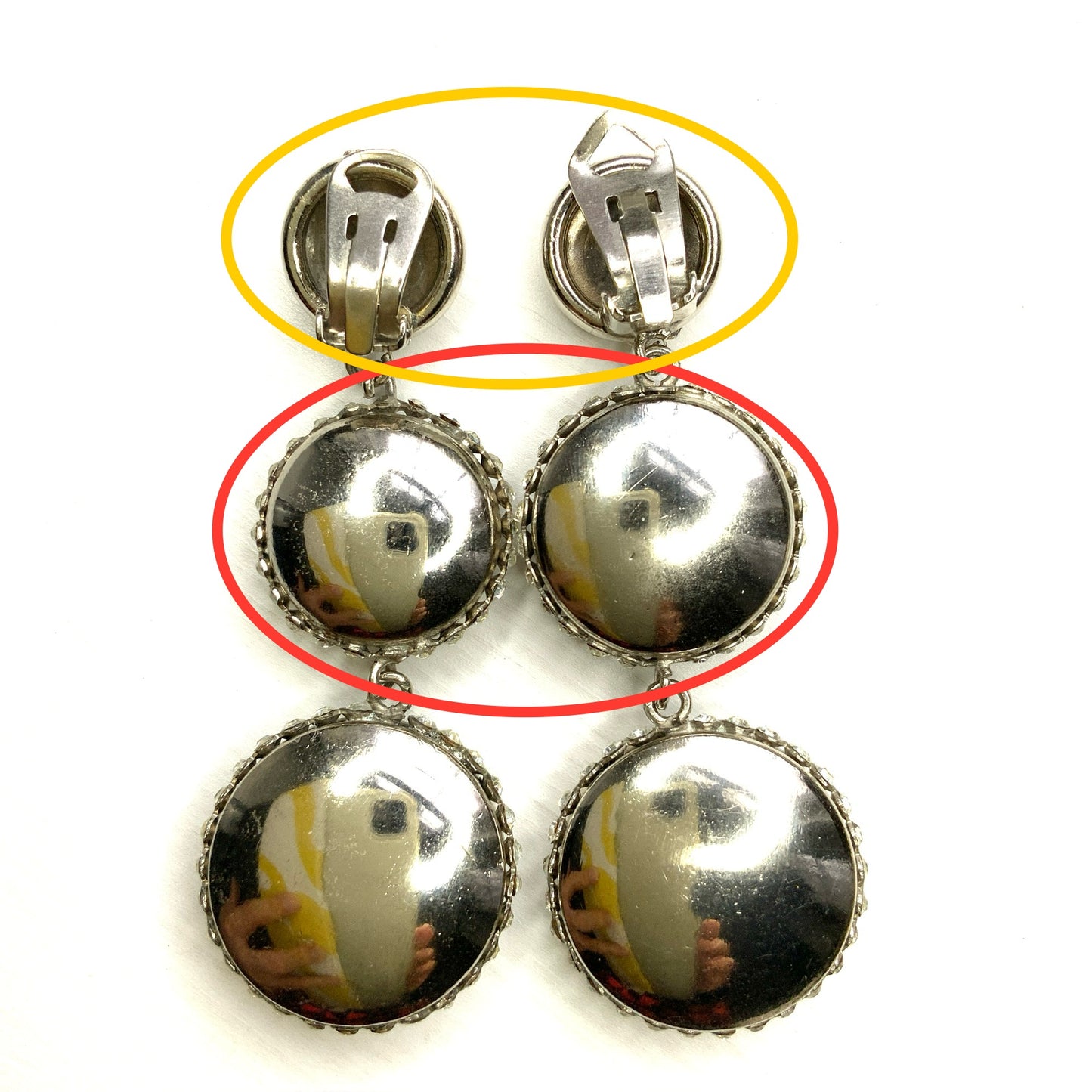 VINTAGE 1970's Silver Tone Disc & Rhinestone Drop Clip Earrings