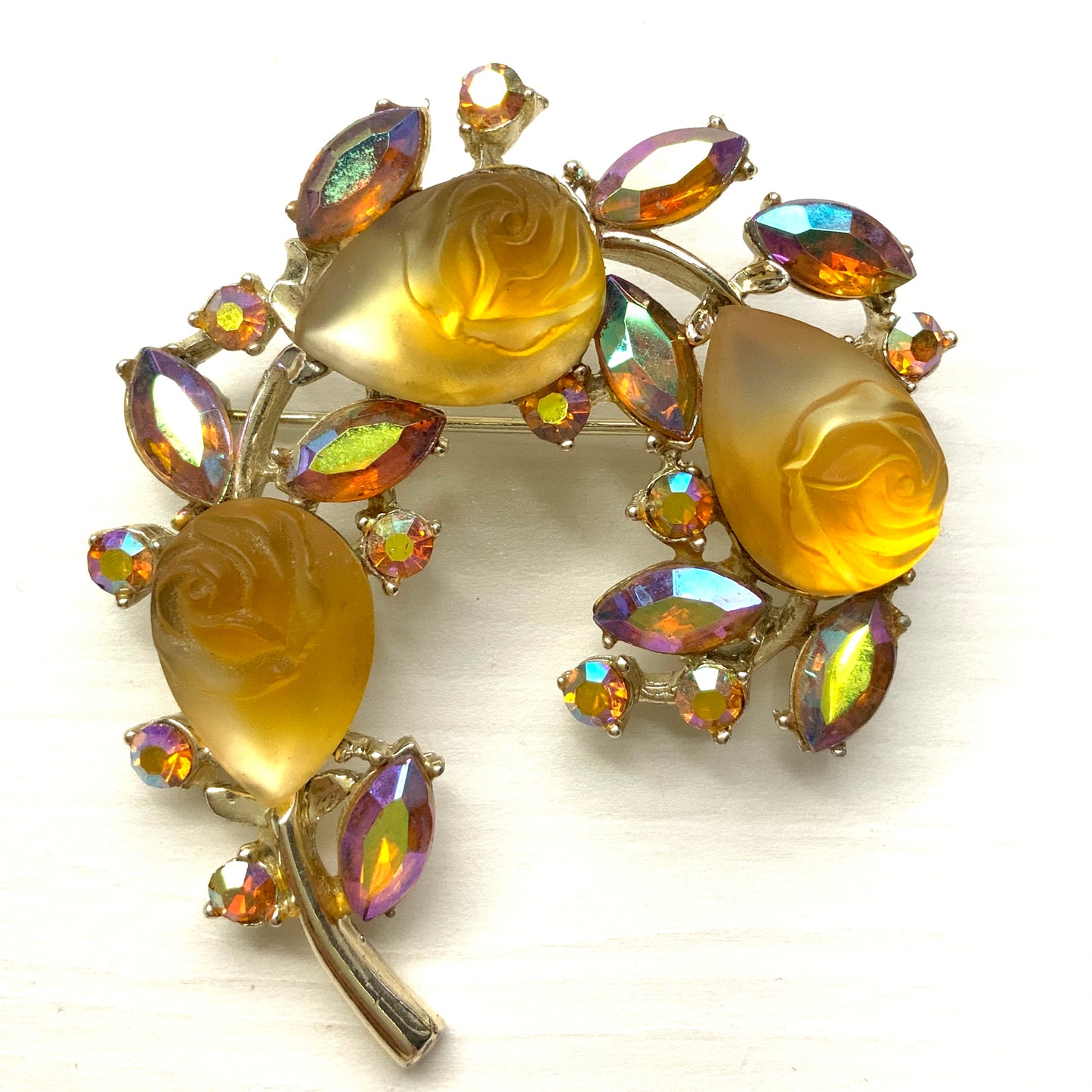 VINTAGE BSK Orange Frosted Glass Rose Brooch