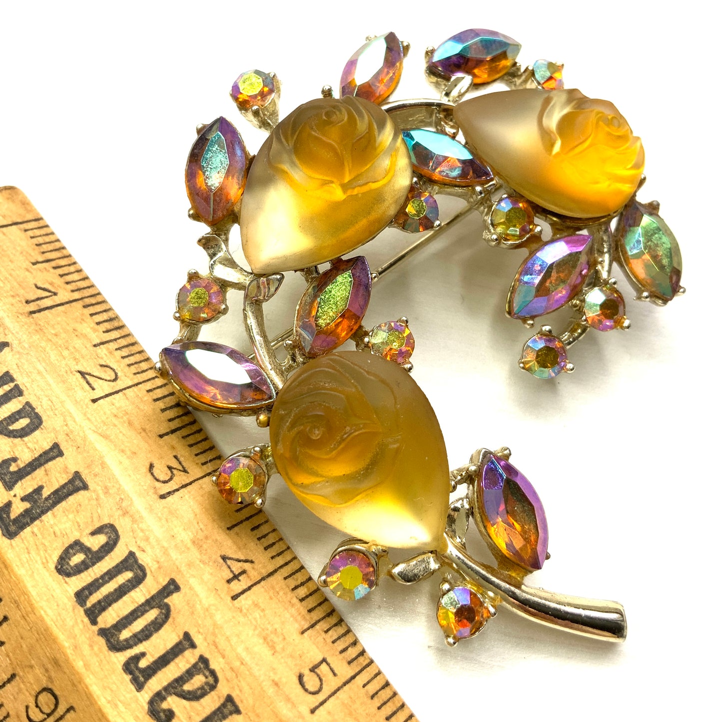 VINTAGE BSK Orange Frosted Glass Rose Brooch