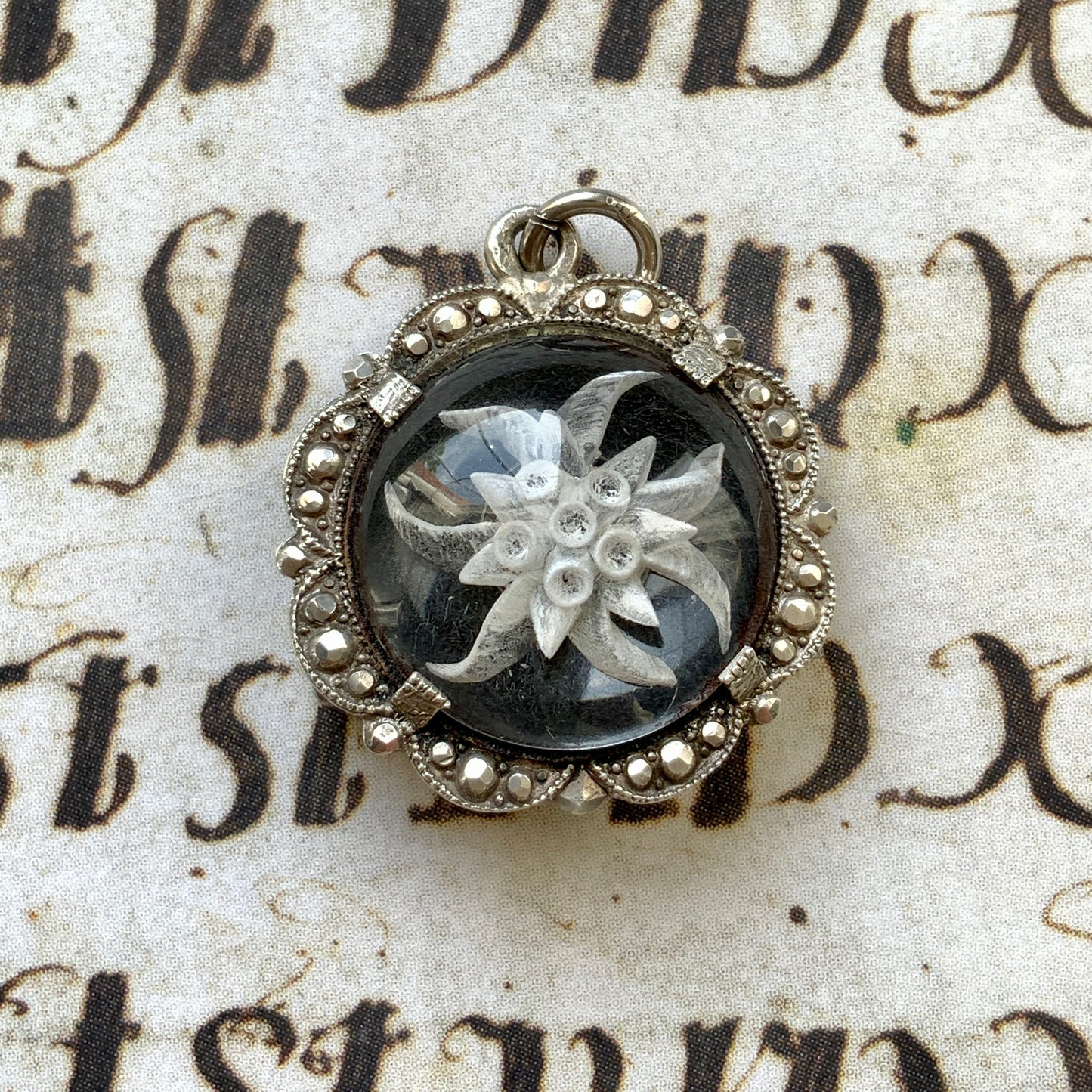 VINTAGE 1920s Reverse Carved Edelweiss Silver Brooch & Pendant Top