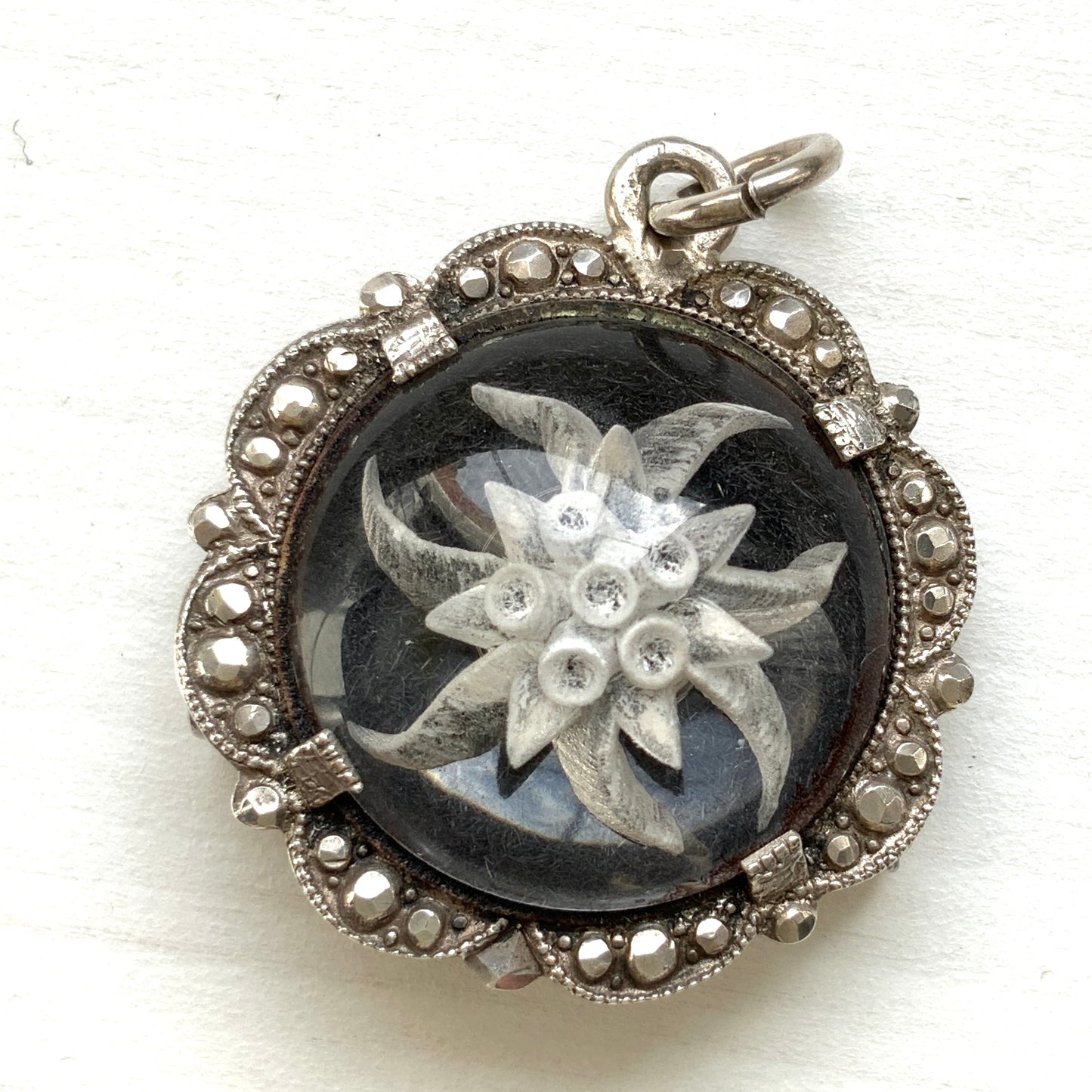 VINTAGE 1920s Reverse Carved Edelweiss Silver Brooch & Pendant Top