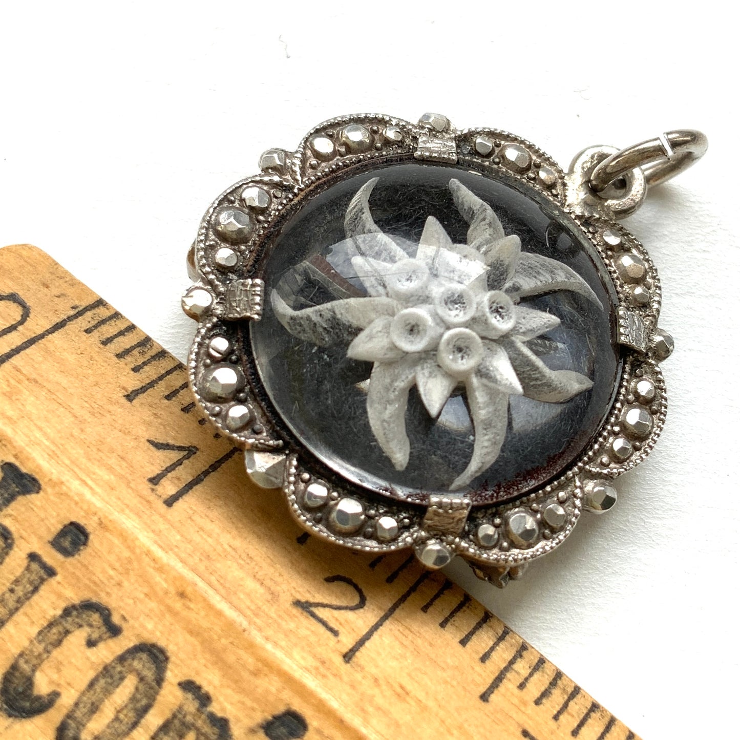 VINTAGE 1920s Reverse Carved Edelweiss Silver Brooch & Pendant Top