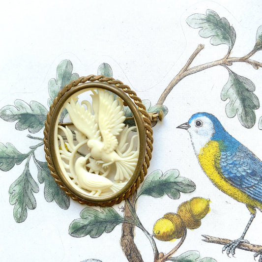 VINTAGE 1920s-30s Celluloid Openwork Two Birds Oval Brooch