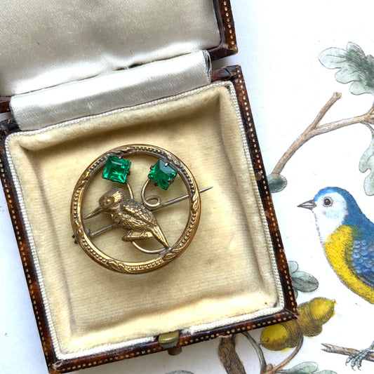 VINTAGE ART DECO Gold Ring & Kingfisher Bird Green Glass Brooch