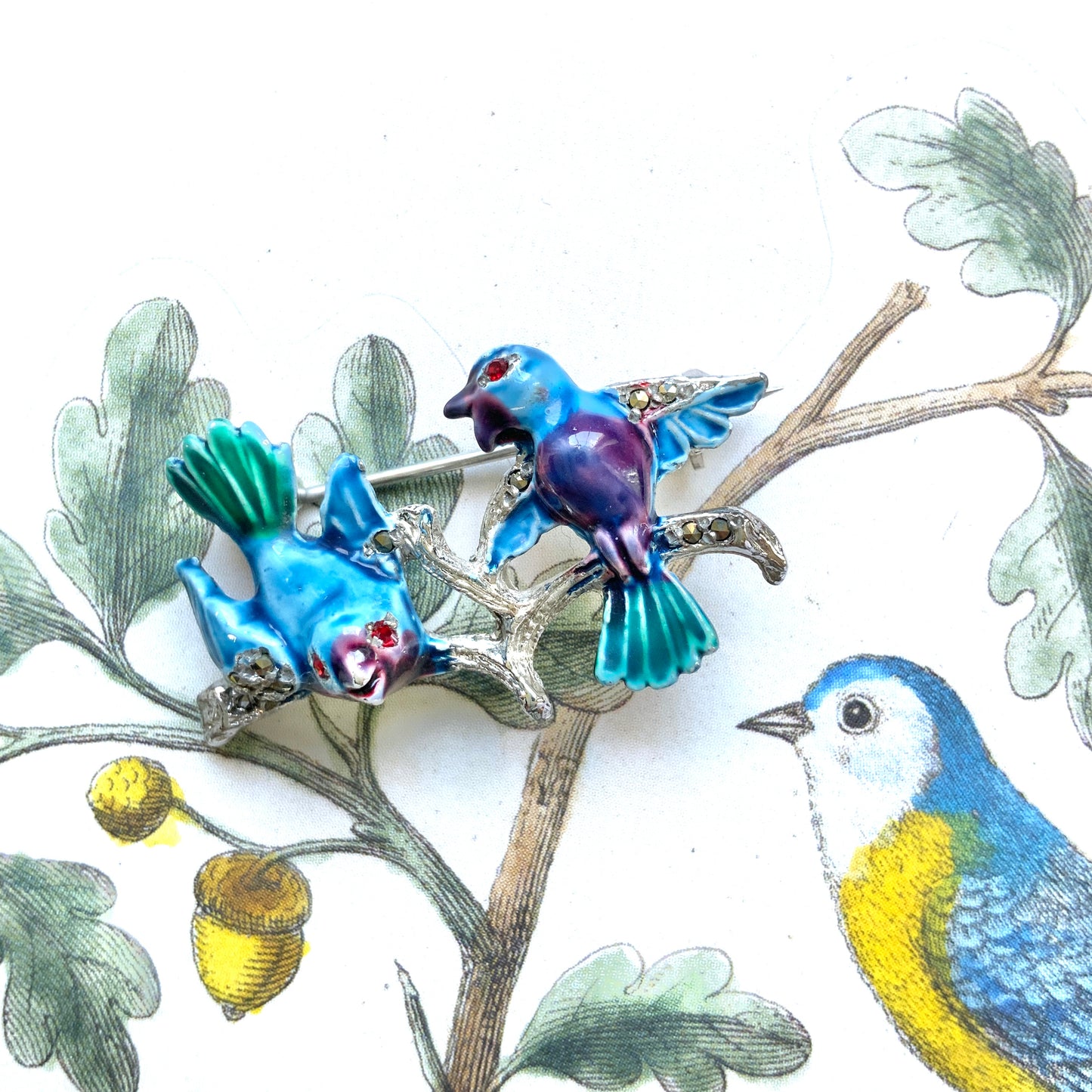 VINTAGE 1950s Blue & Purple Enamel Two Birds on Branch Brooch