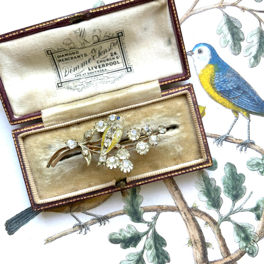 VINTAGE 1930s Yellow Enamel Bird on Silver-Tone Rhinestone Branch Brooch