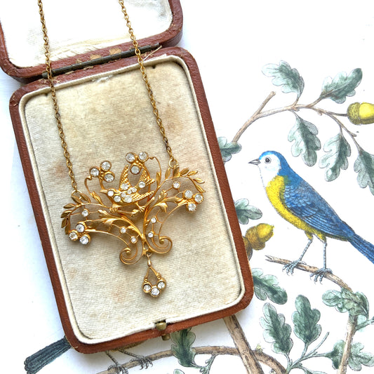 ANTIQUE ART NOUVEAU Gold-Tone Leaf & Bird Rhinestone Necklace