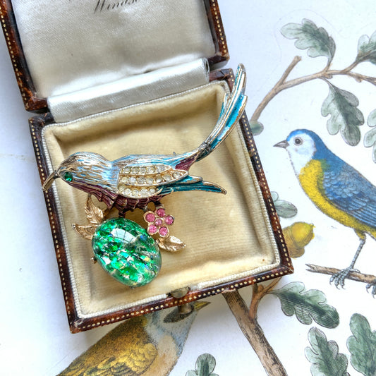 VINTAGE 1960s Blue Enamel Bird on Branch with Green Foiled Cabochon Brooch