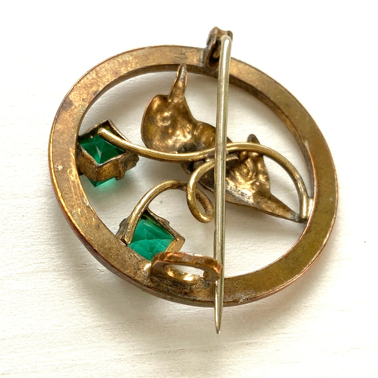 VINTAGE ART DECO Gold Ring & Kingfisher Bird Green Glass Brooch