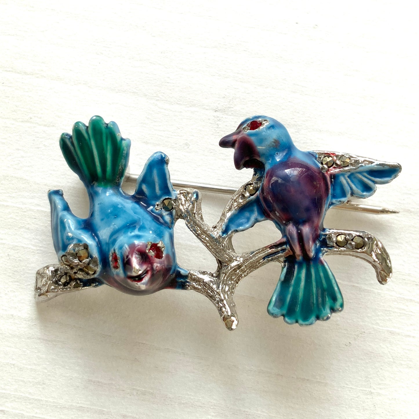 VINTAGE 1950s Blue & Purple Enamel Two Birds on Branch Brooch