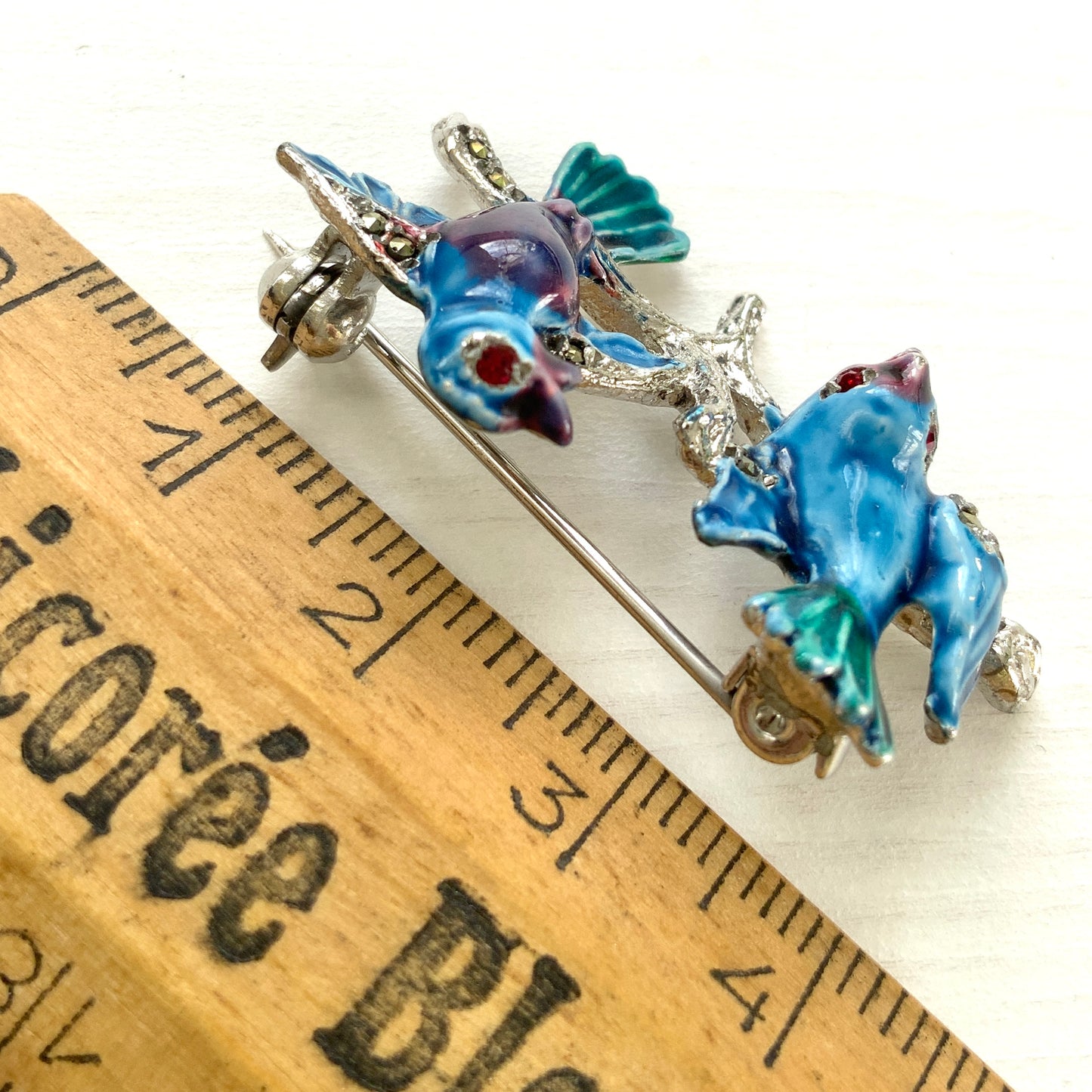 VINTAGE 1950s Blue & Purple Enamel Two Birds on Branch Brooch