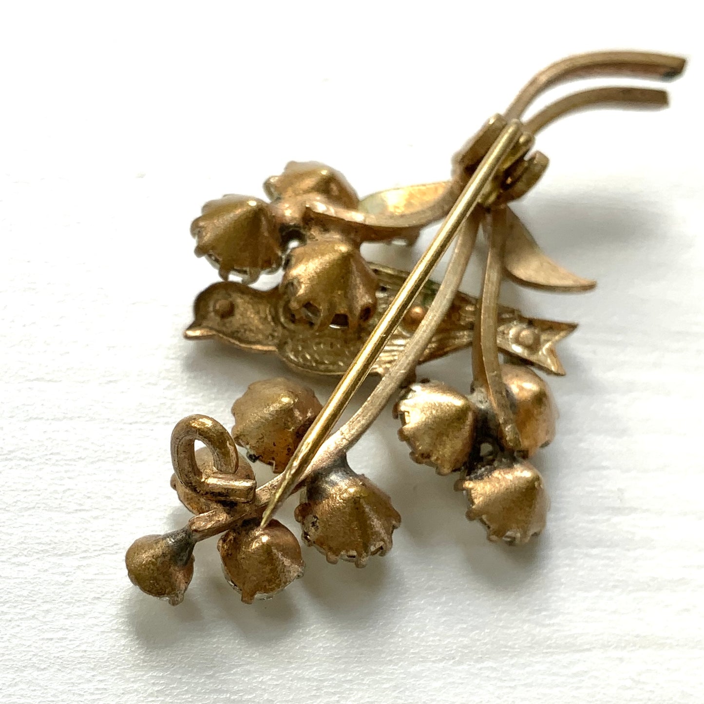 VINTAGE 1930s Yellow Enamel Bird on Silver-Tone Rhinestone Branch Brooch