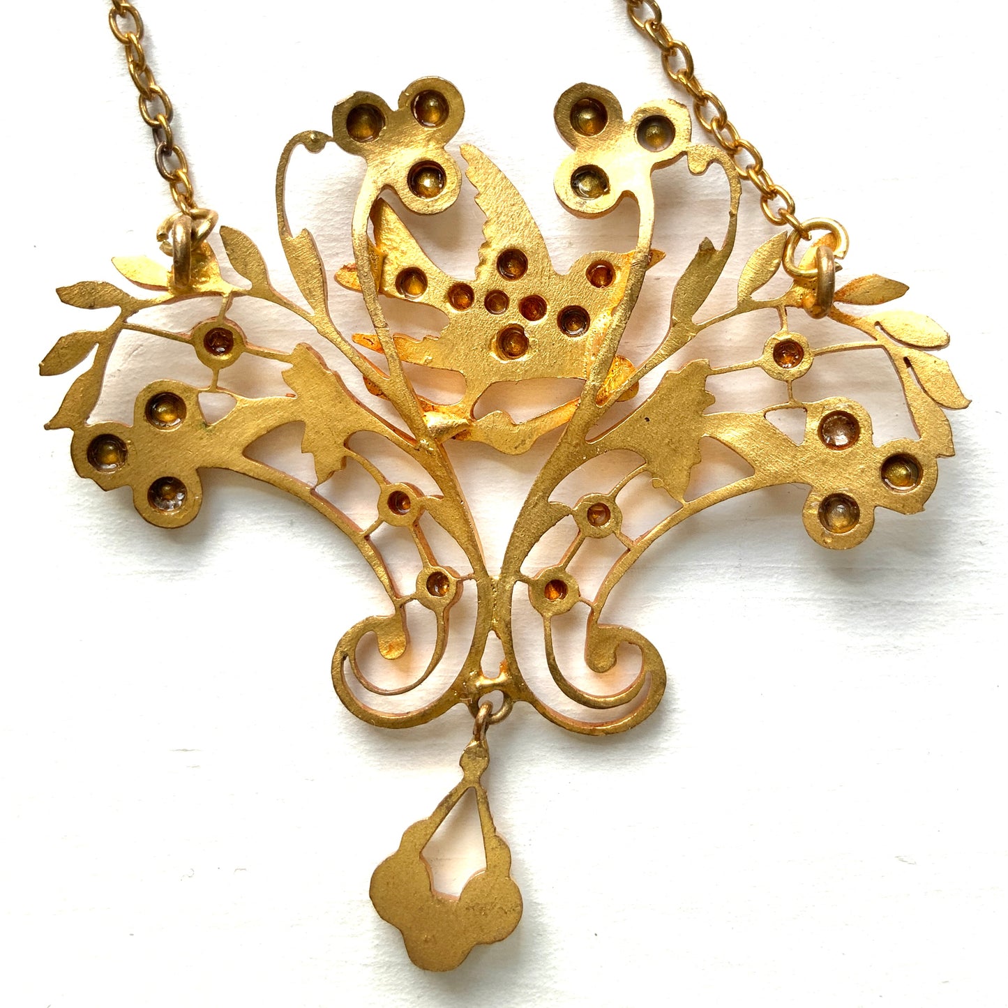 ANTIQUE ART NOUVEAU Gold-Tone Leaf & Bird Rhinestone Necklace