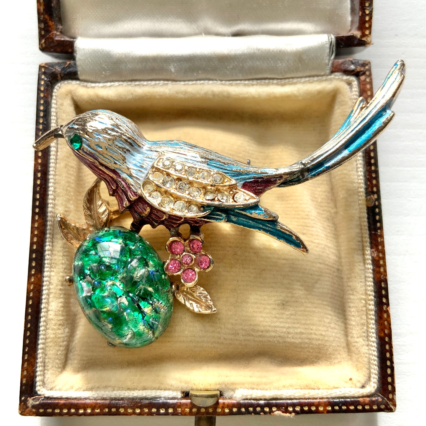 VINTAGE 1960s Blue Enamel Bird on Branch with Green Foiled Cabochon Brooch