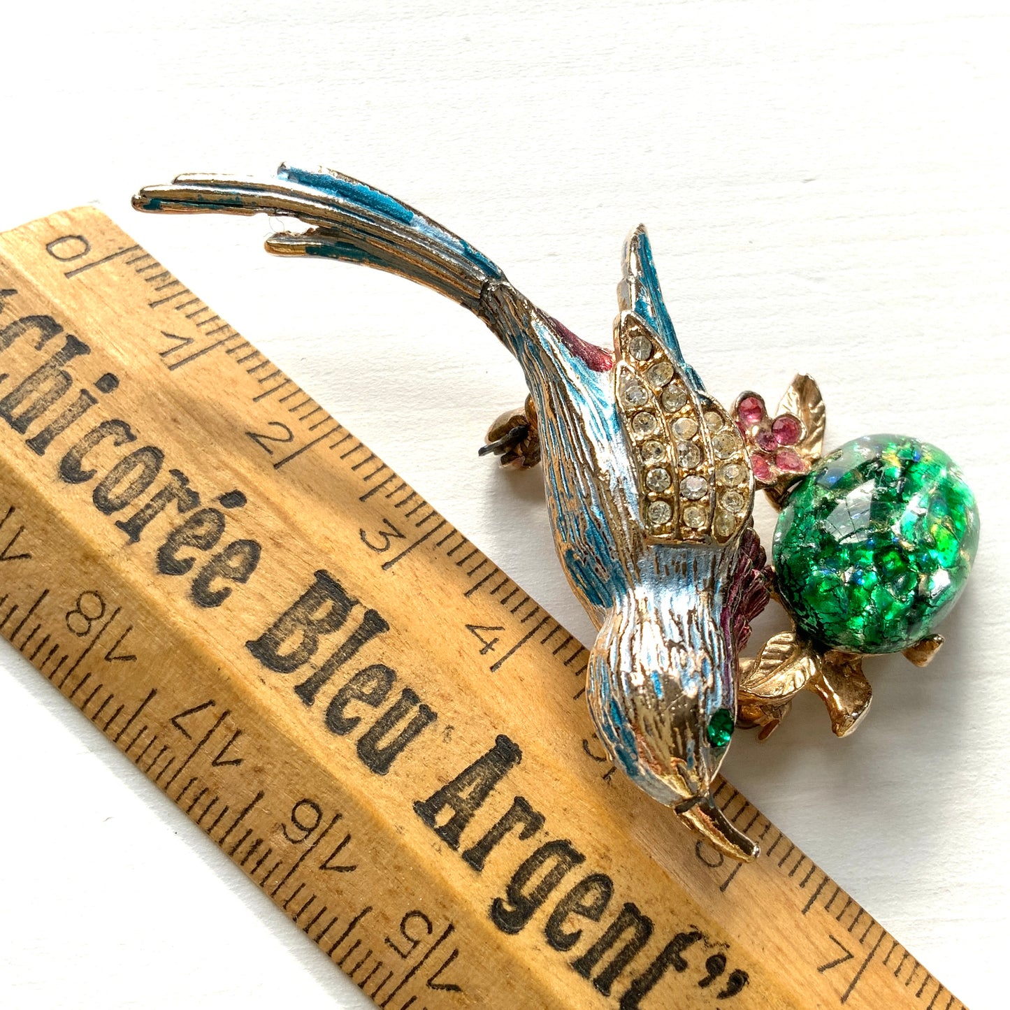 VINTAGE 1960s Blue Enamel Bird on Branch with Green Foiled Cabochon Brooch