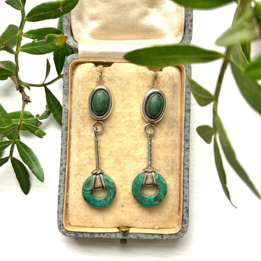 VINTAGE 1990s ILARIA PERU Malachite & Sterling Silver Dangle Earrings