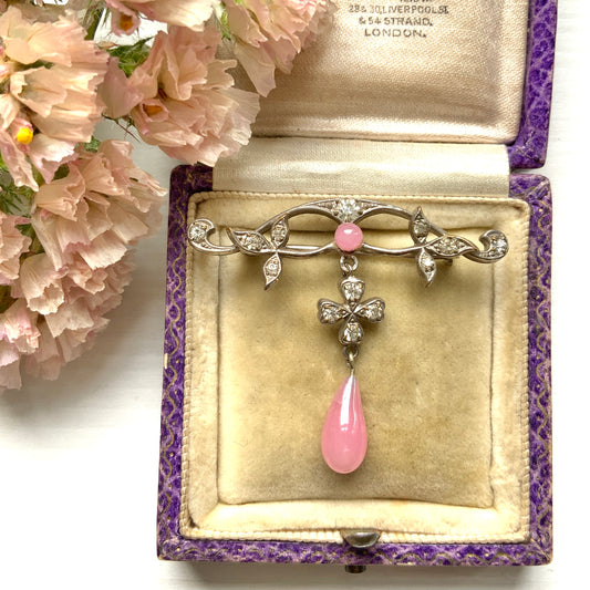 VINTAGE ART DECO Silver-Tone Bar Brooch with Clover & Pink Teardrop Glass