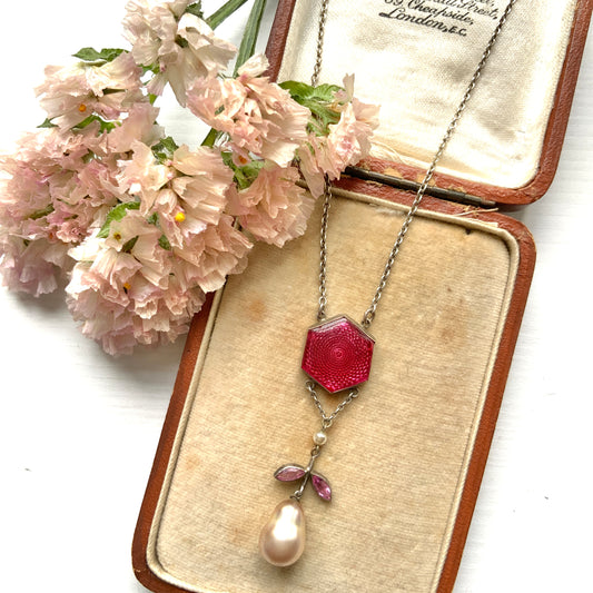 VINTAGE 1920s Guilloché-Style Pink Glass Necklace with Leaf & Baroque Pearl Drops