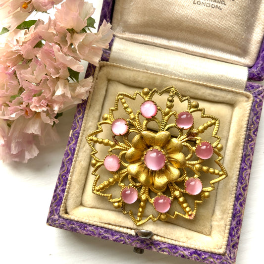 VINTAGE 1920s Gold-Tone Filigree Brooch with Pink Satin Glass & Floral Motif