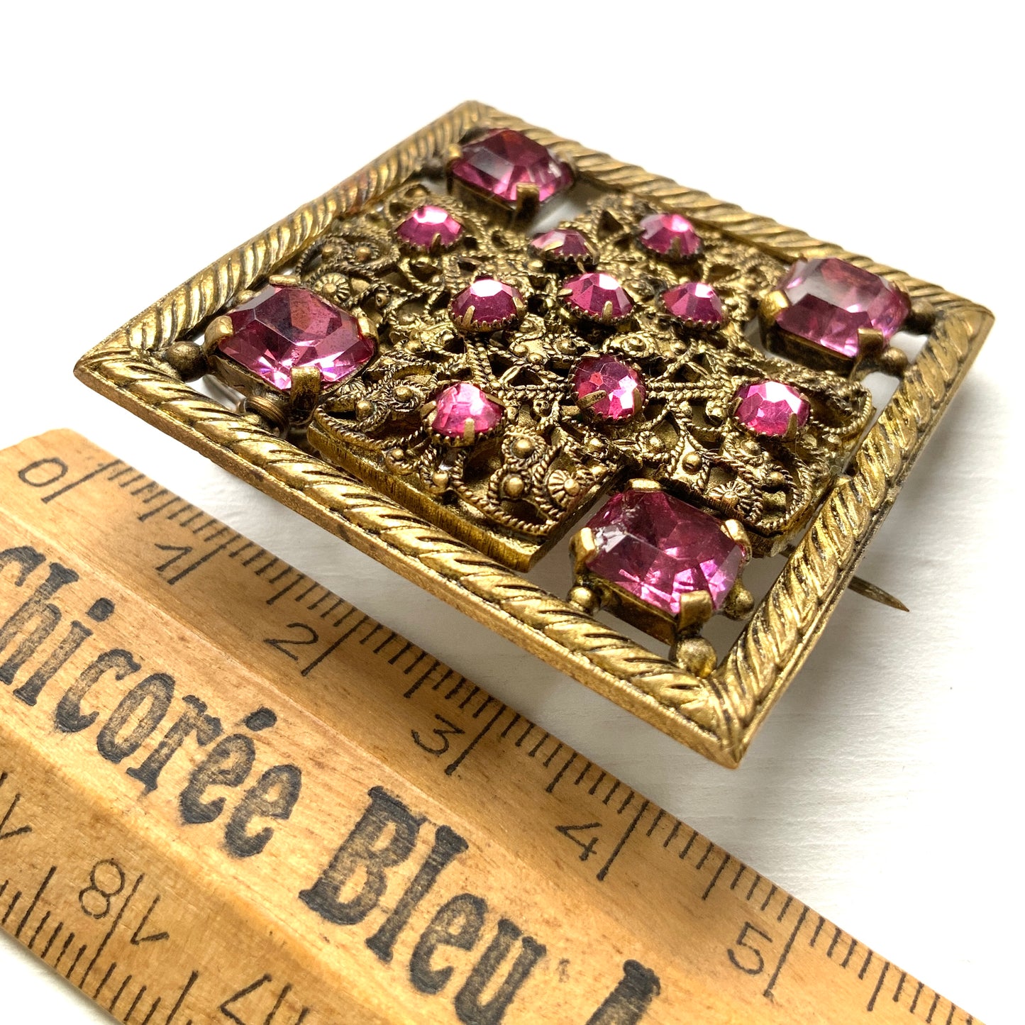 VINTAGE 1930s Square Filigree Reversible Brooch with Pink Rhinestones