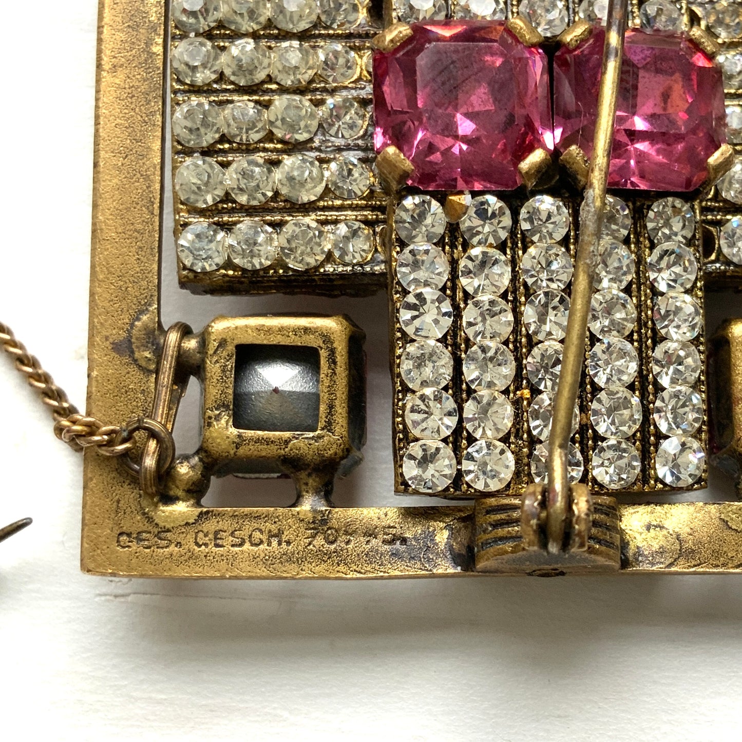 VINTAGE 1930s Square Filigree Reversible Brooch with Pink Rhinestones