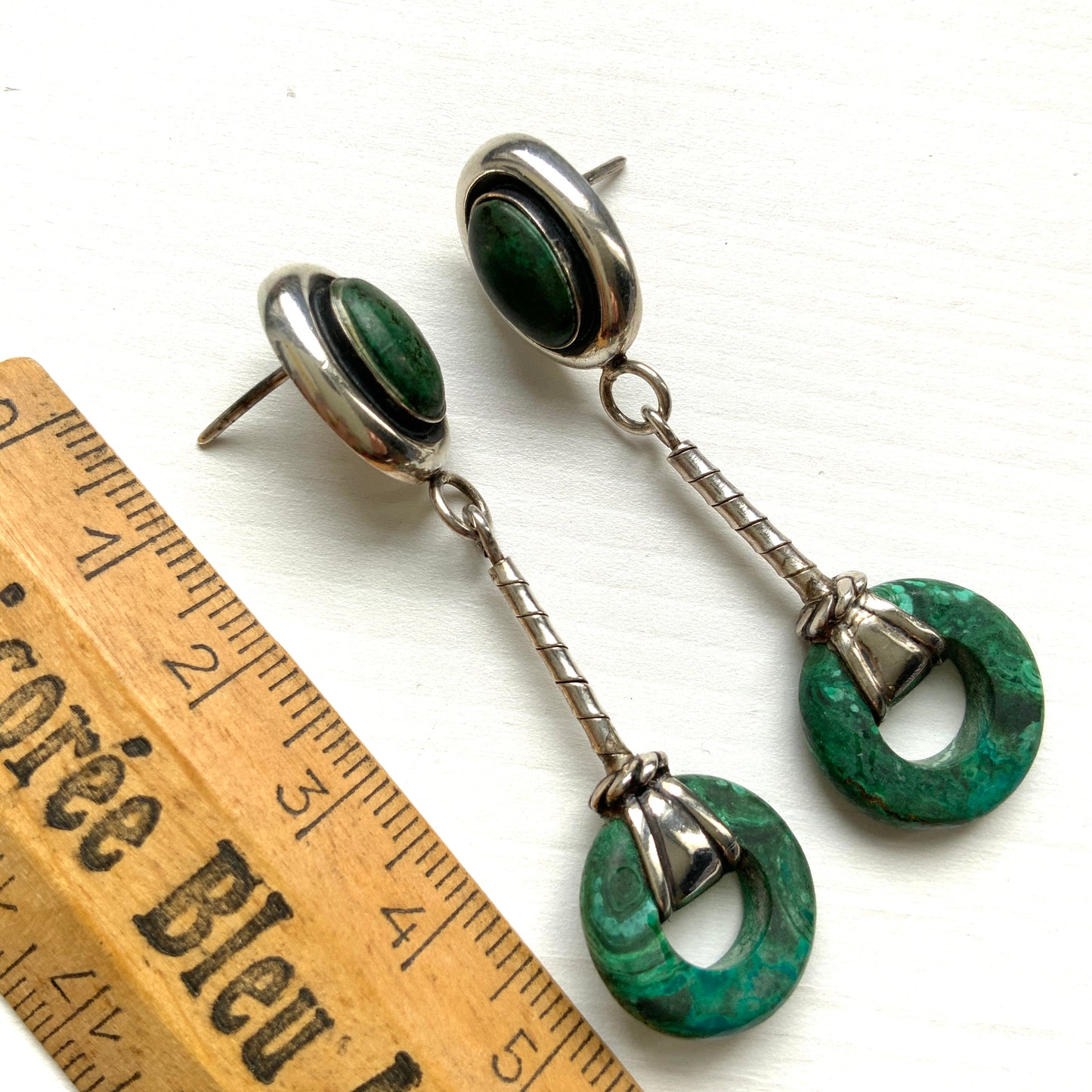 VINTAGE 1990s ILARIA PERU Malachite & Sterling Silver Dangle Earrings