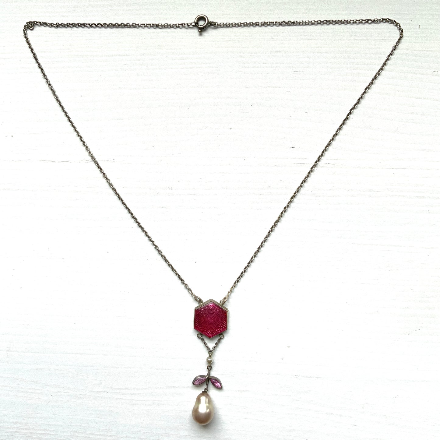 VINTAGE 1920s Guilloché-Style Pink Glass Necklace with Leaf & Baroque Pearl Drops