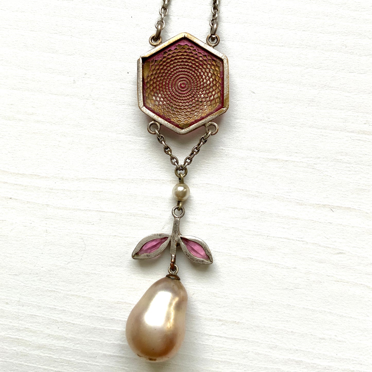 VINTAGE 1920s Guilloché-Style Pink Glass Necklace with Leaf & Baroque Pearl Drops