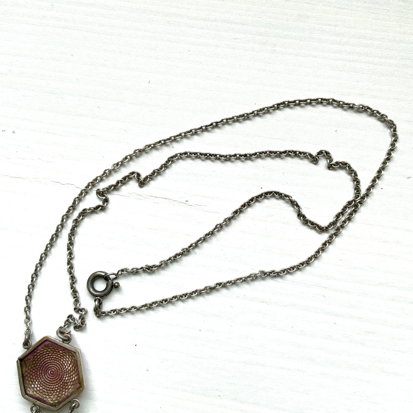 VINTAGE 1920s Guilloché-Style Pink Glass Necklace with Leaf & Baroque Pearl Drops