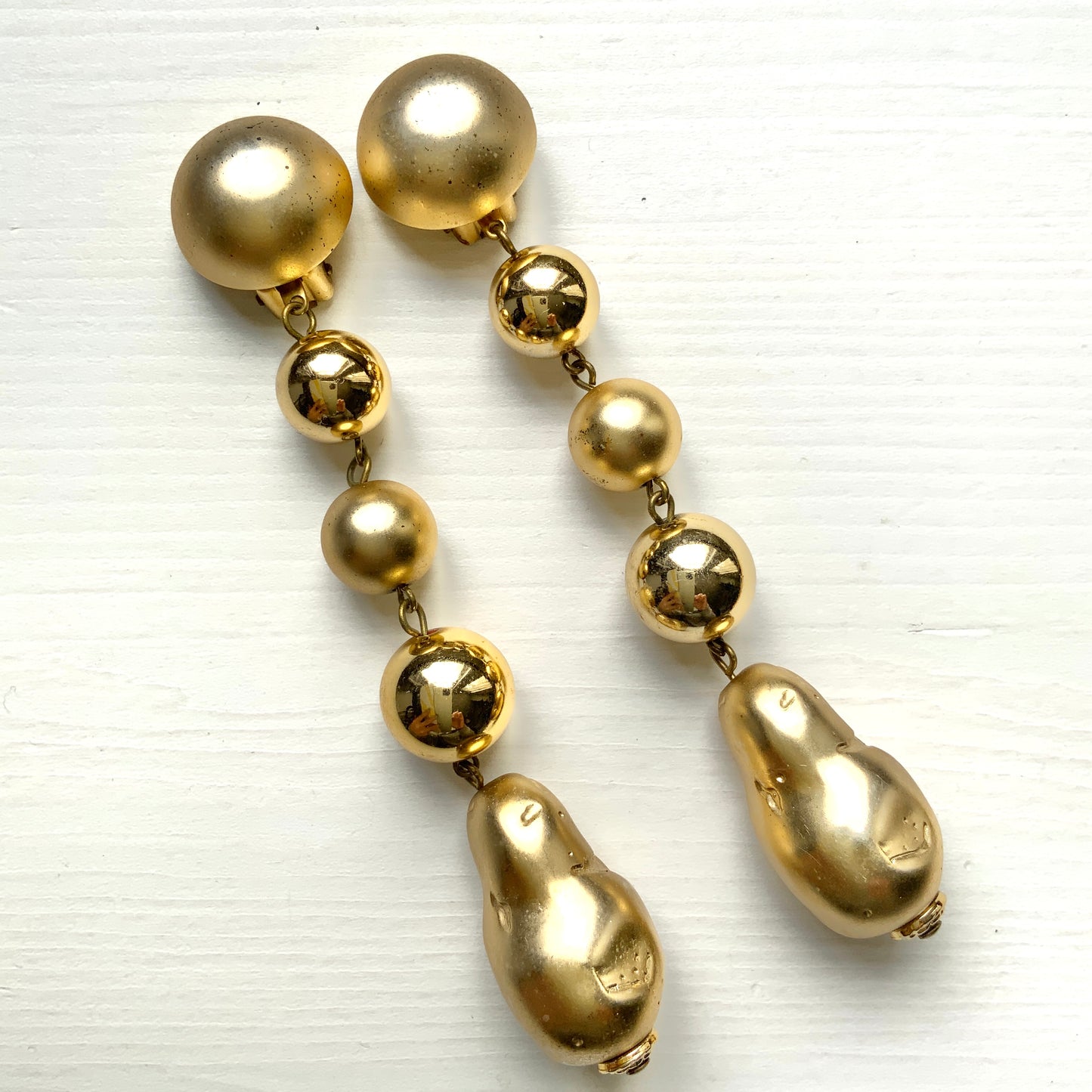 VINTAGE Gold Baroque Faux Pearl Dangle Clip-On Earrings
