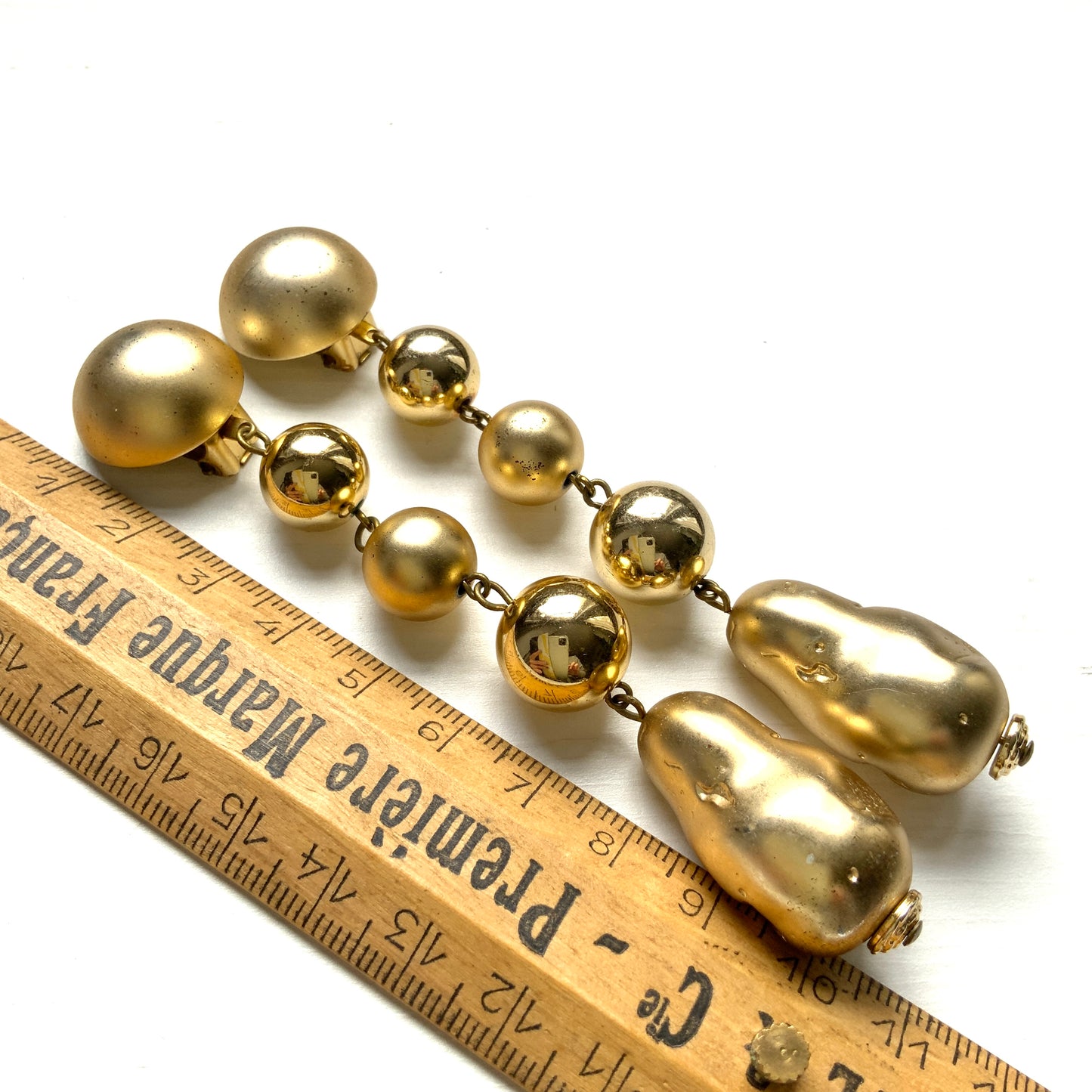 VINTAGE Gold Baroque Faux Pearl Dangle Clip-On Earrings