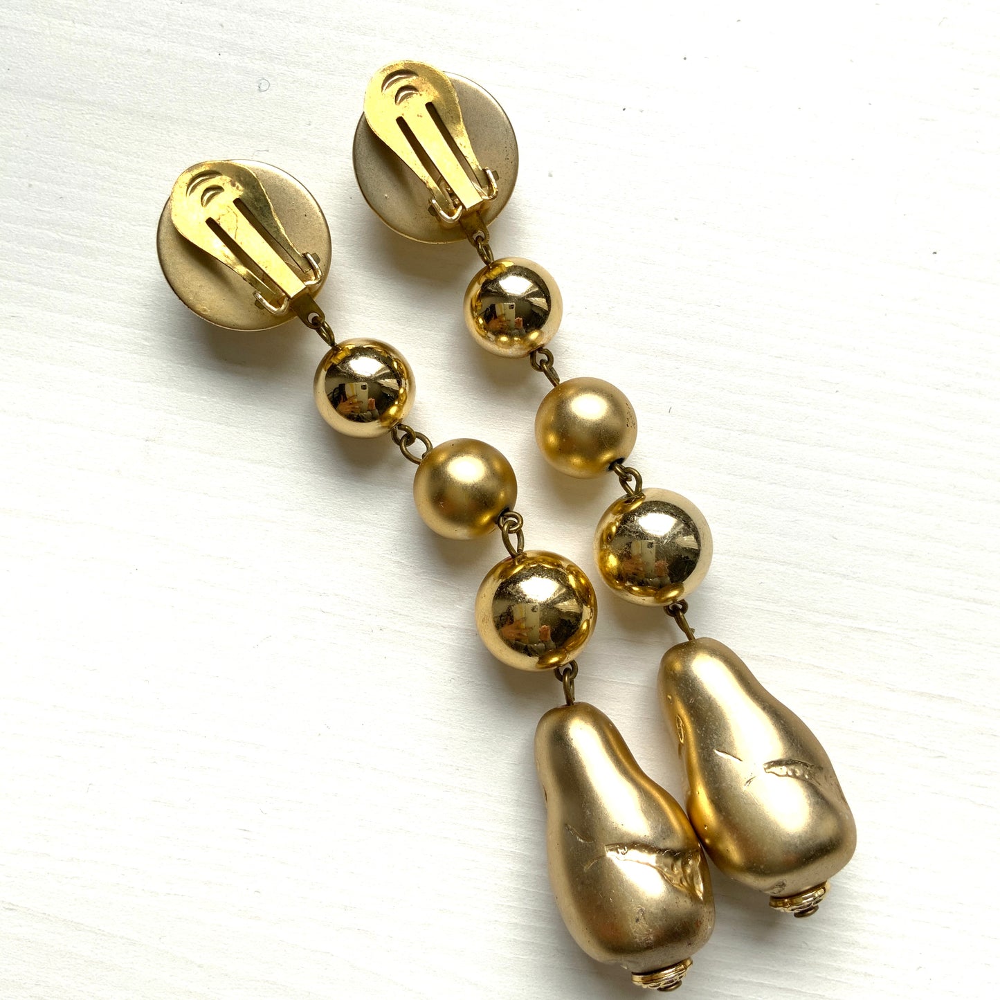 VINTAGE Gold Baroque Faux Pearl Dangle Clip-On Earrings