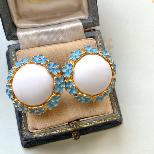 VINTAGE 1960s TRIFARI White Cabochon & Blue Flower Clip-On Earrings