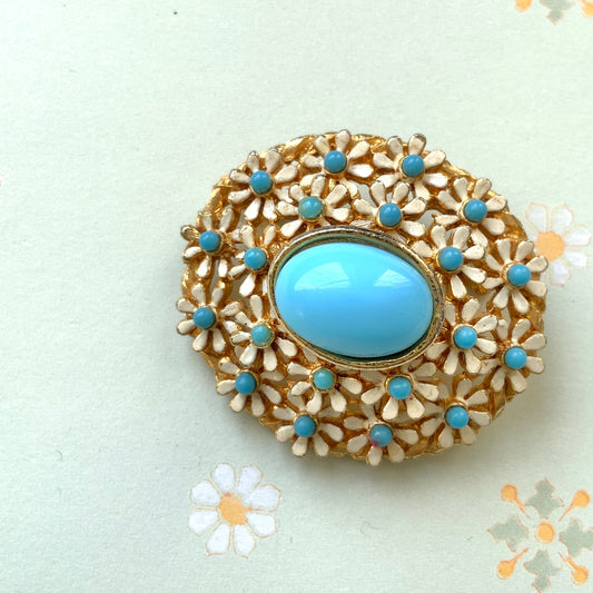 VINTAGE Light Blue Cabochon & Enamel Flower Brooch
