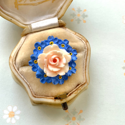 VINTAGE 1930s Rose & Forget Me Not Flower Celluloid Mini Brooch