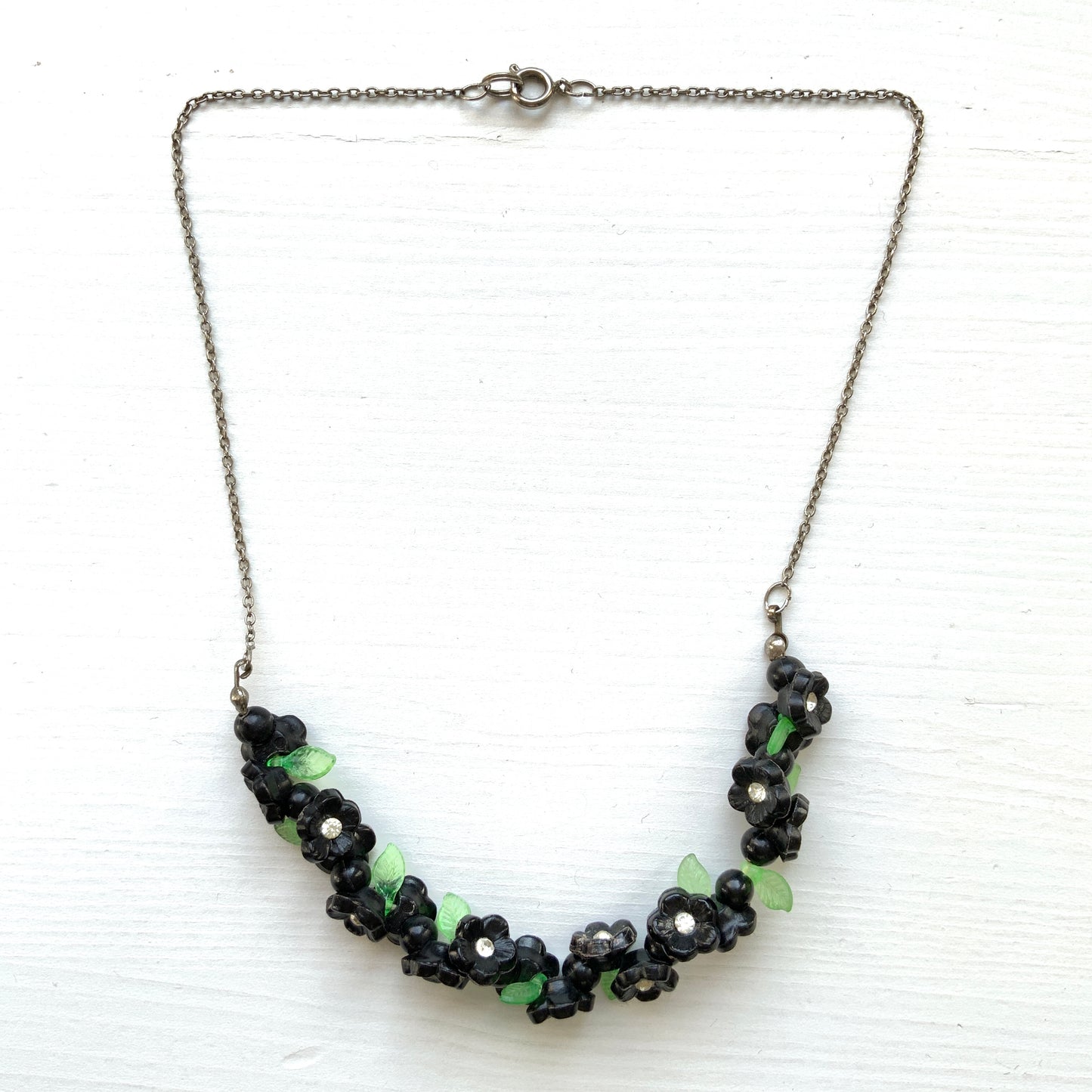 VINTAGE Black Plastic Flower Beads Necklace