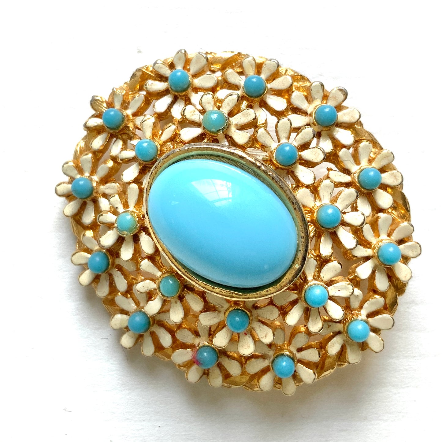 VINTAGE Light Blue Cabochon & Enamel Flower Brooch