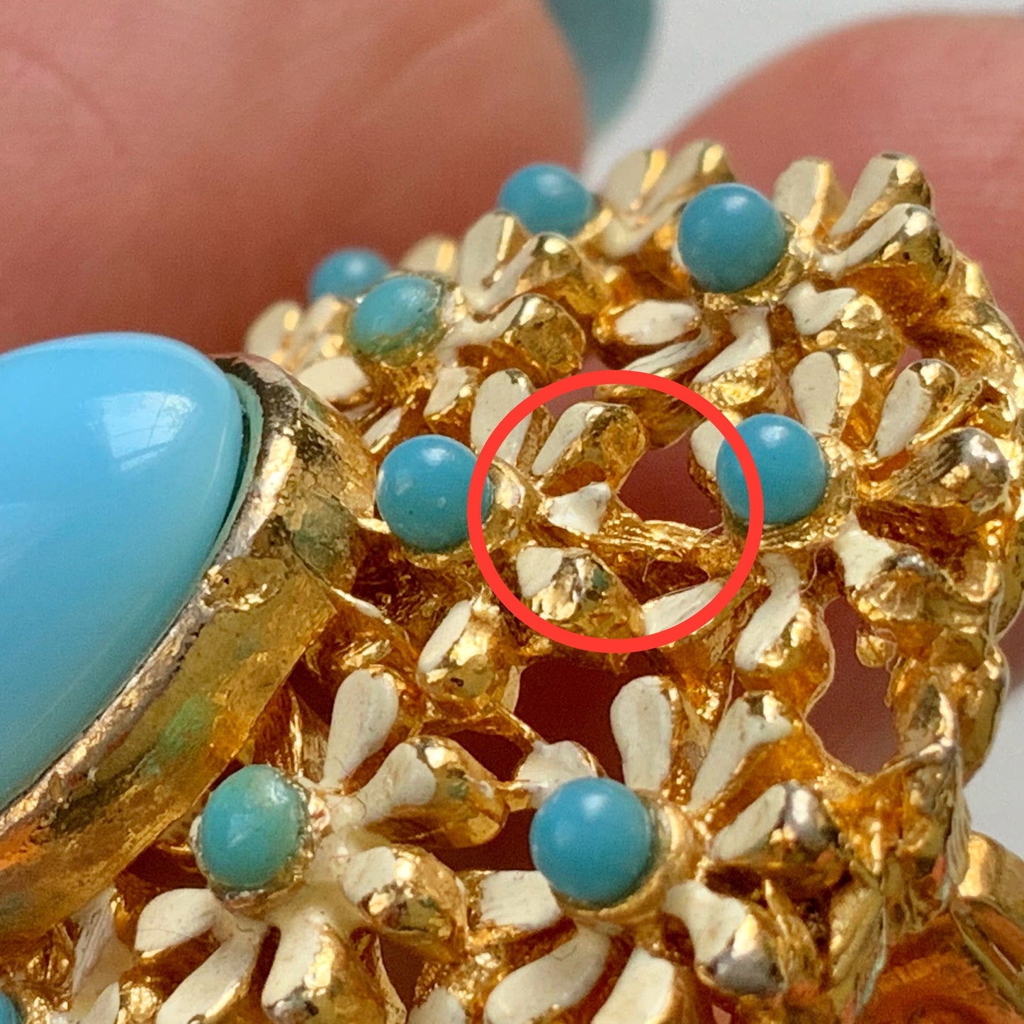 VINTAGE Light Blue Cabochon & Enamel Flower Brooch