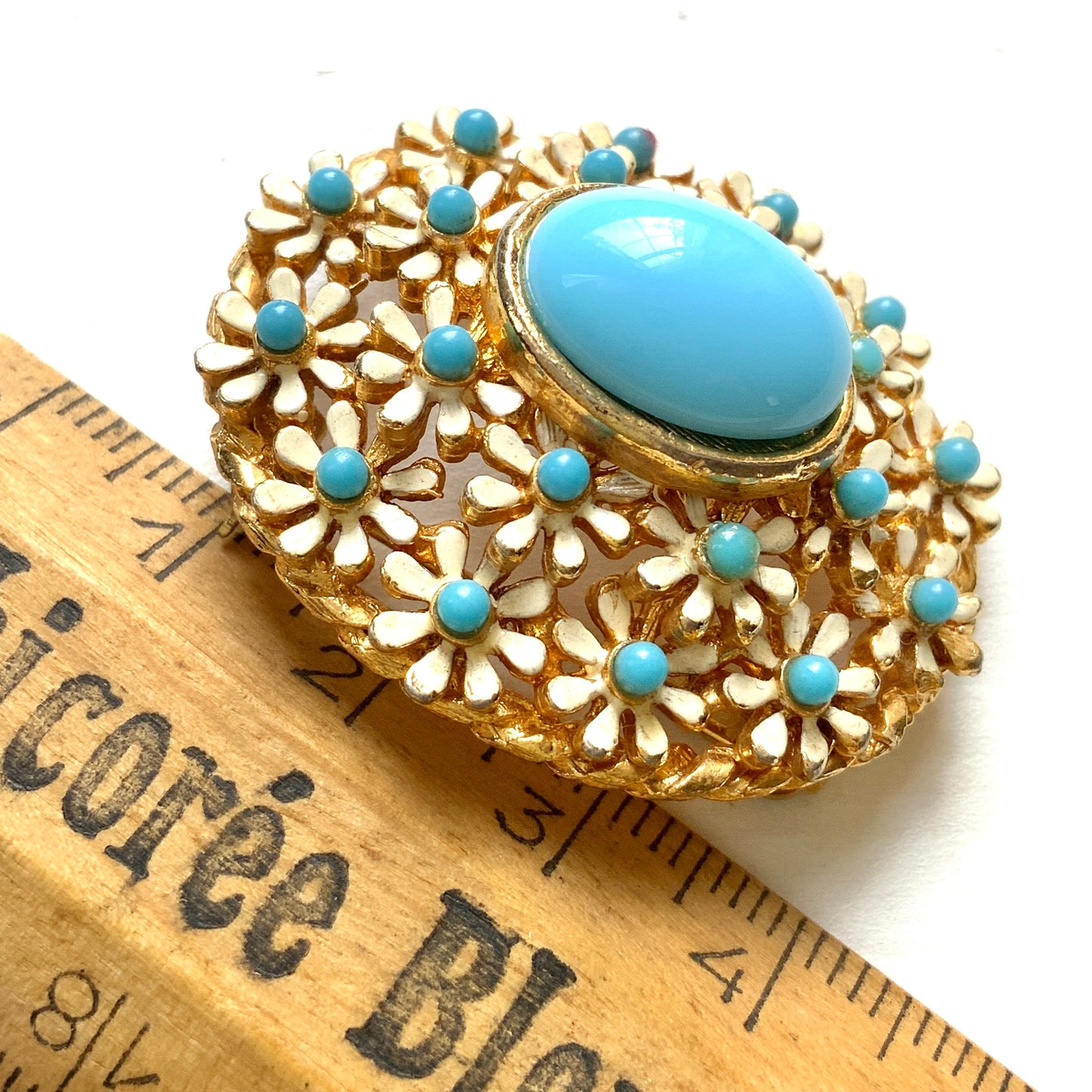 VINTAGE Light Blue Cabochon & Enamel Flower Brooch