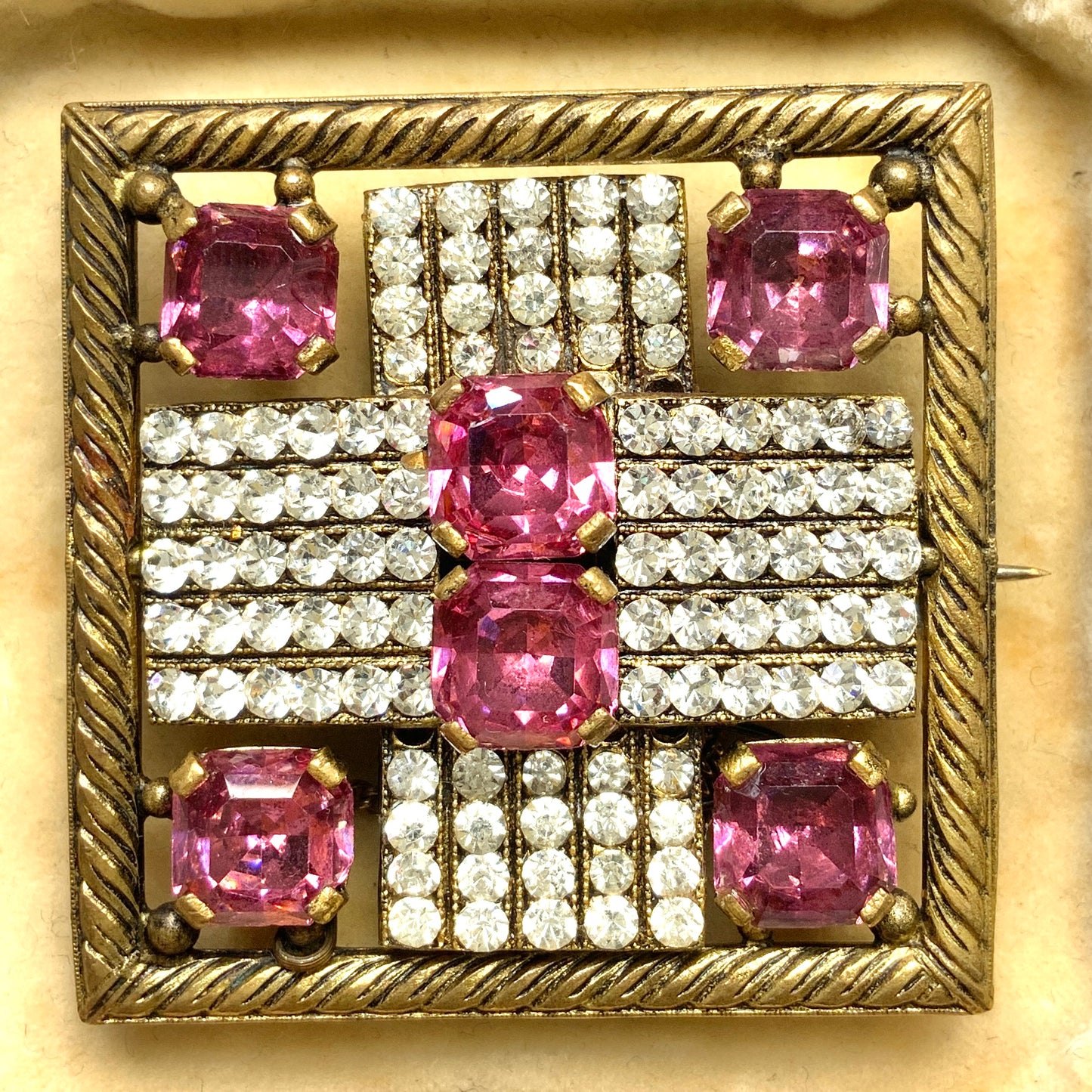 VINTAGE 1930s Square Filigree Reversible Brooch with Pink Rhinestones