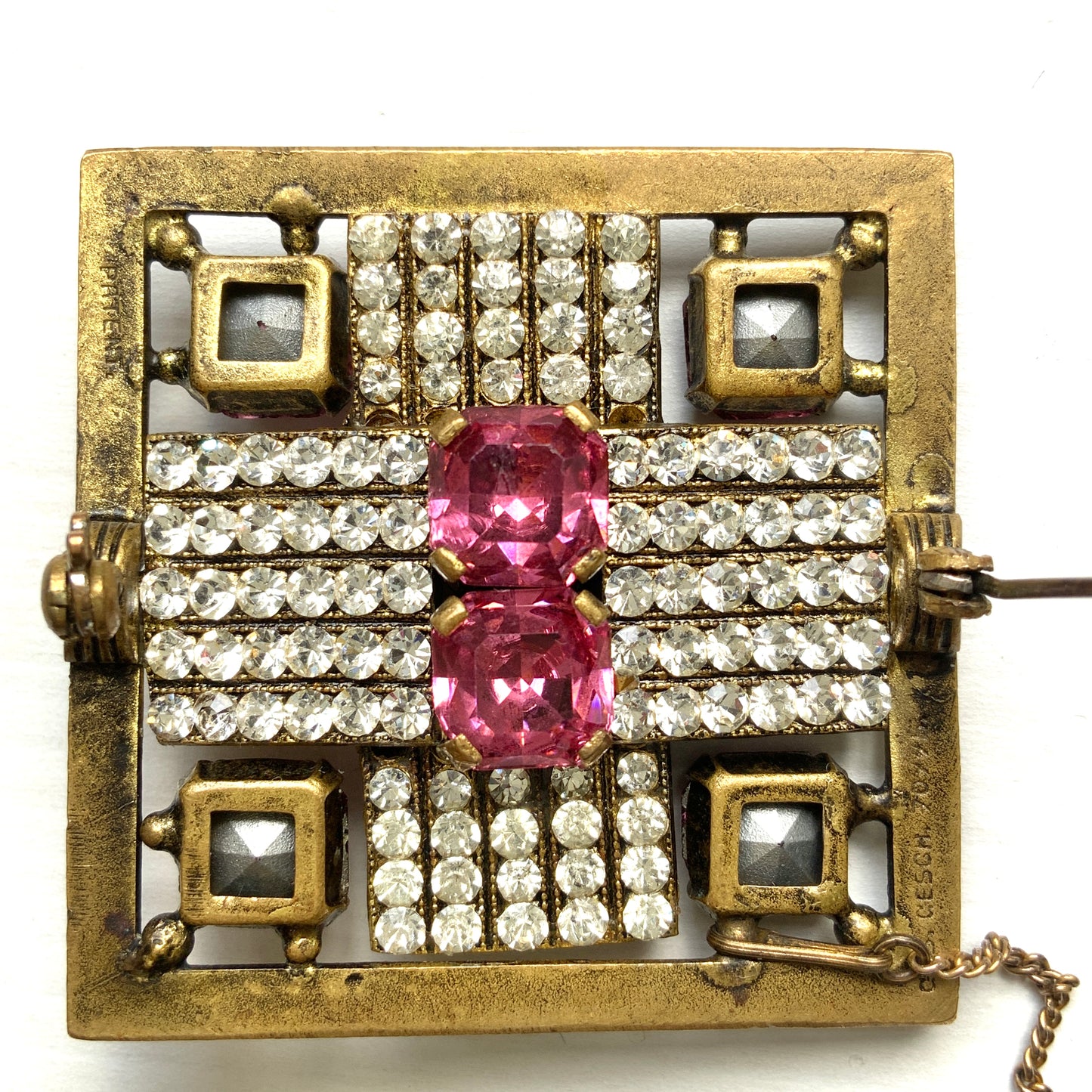 VINTAGE 1930s Square Filigree Reversible Brooch with Pink Rhinestones
